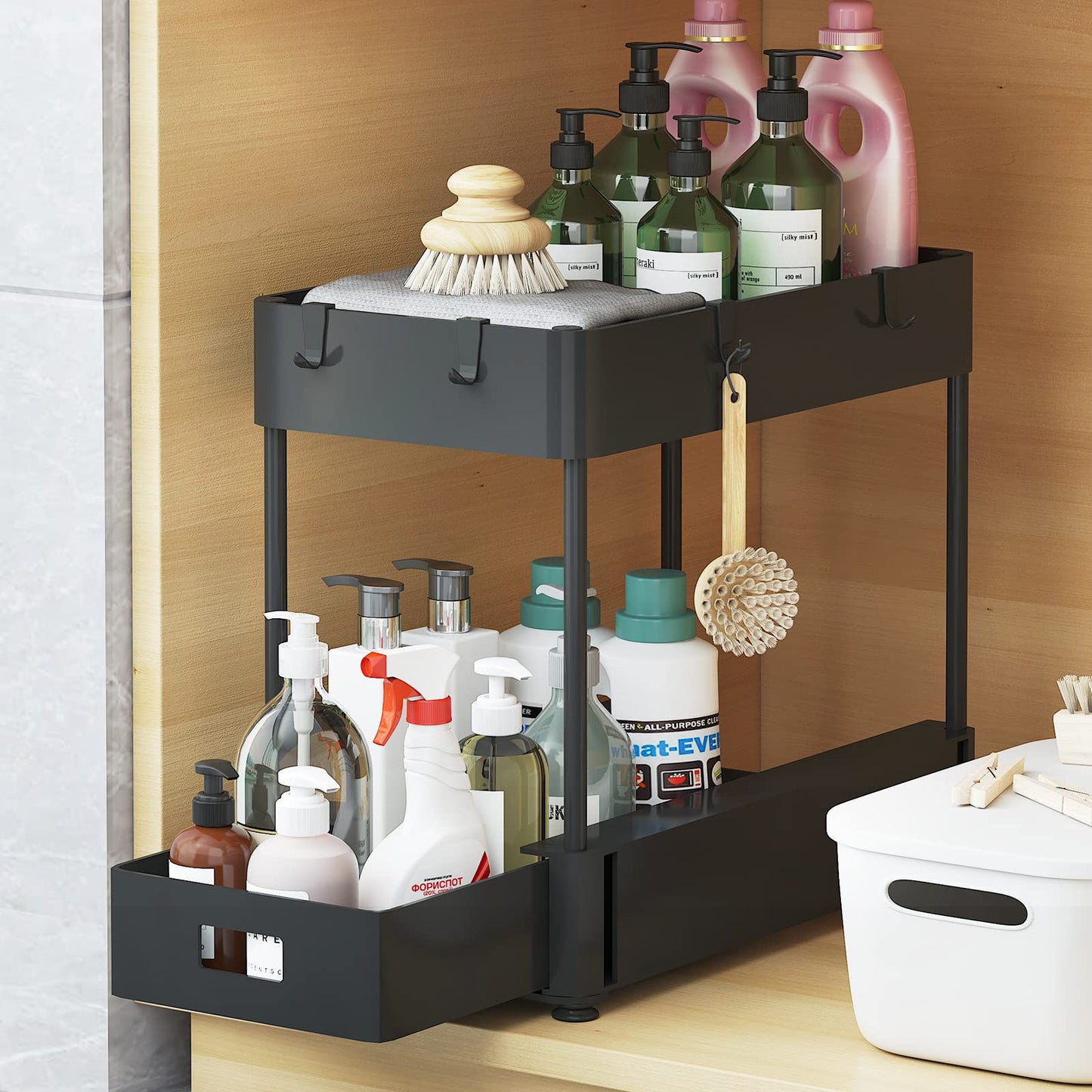 2 Tier Under Sink and Bathroom Organizer , Pull Out Cabinet Organizer for Kitchen Sink Storage, Black