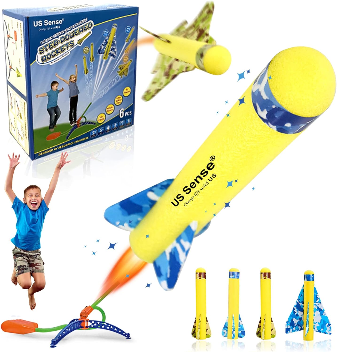 US Sense Toy Rocket Launcher for Kids,Rocket Set with 2 Glider Planes + 4 Foam Rockets Set + Adjustable Stomp Launcher,Rockets for 5, 6, 7, 8, 12 Years Old Kids