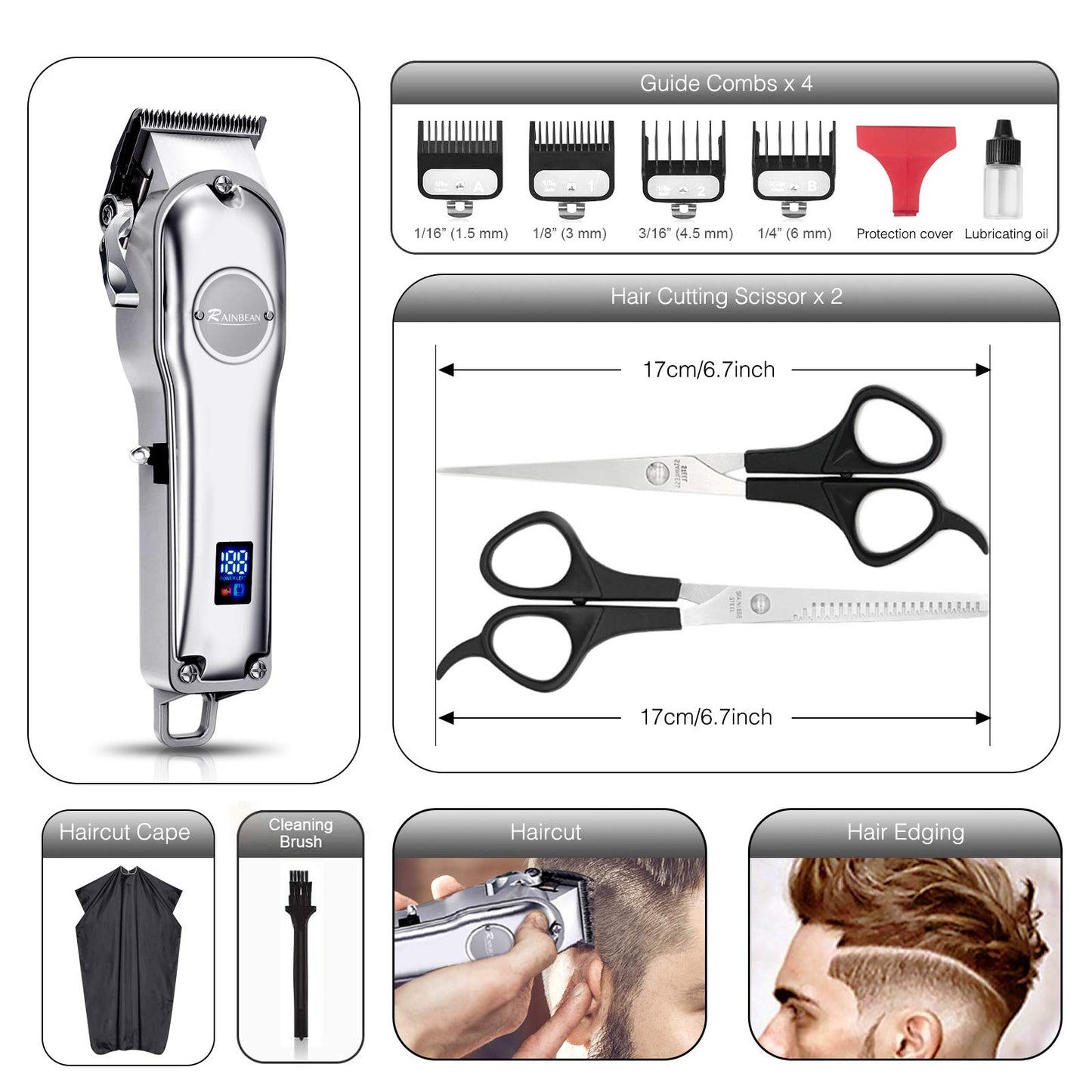 Men Hair Trimmer 3 in 1 IPX7 Waterproof Beard Trimmer Grooming Kit Cordless Hair Clipper for Women & Children LED Display USB Rechargeable