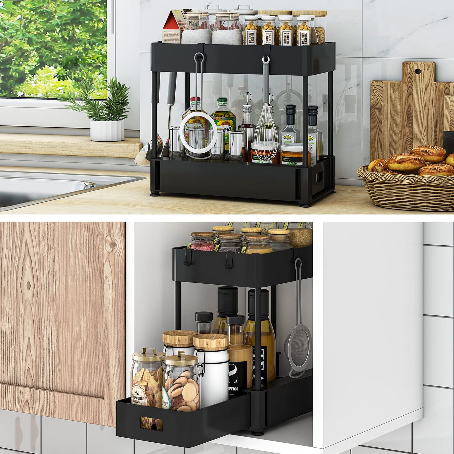 Black storage rack can be used for storage and storage under the sink. The bathroom can be stored under the sink, with a single-layer pull-out cabinet.